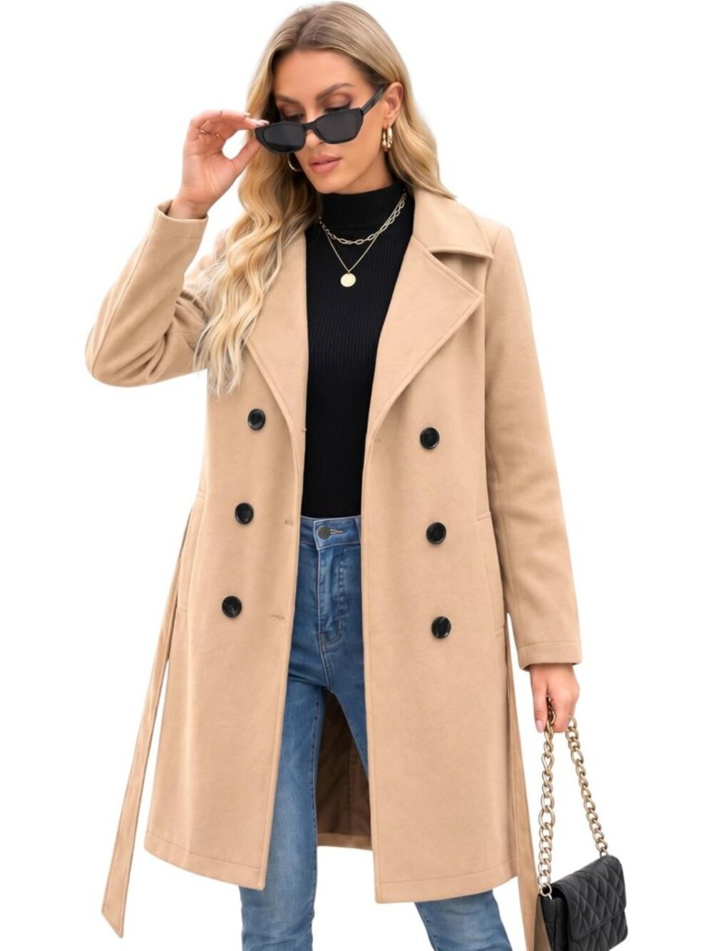 Chic Double-Breasted Long Winter Trench Coat - Women's Faux Wool Outerwear